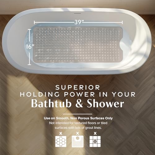SlipX Solutions 39"x16" Power Grip Non Slip Bathtub Shower Mat, Tan | Stronger Wet Surface Protection, Soft Under Foot, 265+ Suction Cups, Large Drainage Holes - color: Solid Tan