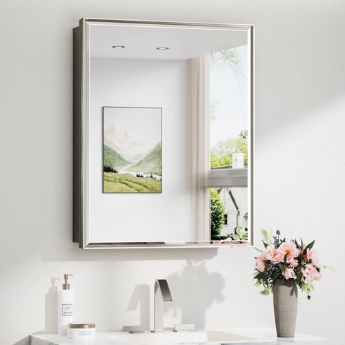 TokeShimi 24x30 Bathroom Mirrored Medicine Cabinet, Recessed Medicine Cabinet with Mirror, Aluminum Framed Brushed Nickel Mirror with Storage Adjustable and Quiet Hinge - color: Brushed Nickel, size: 24x30 IN