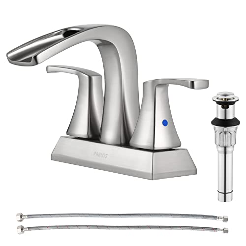 Waterfall Bathroom Sink Faucet 2 Handle Centerset, Brushed Nickel | 4 Inch Lead-Free Deck Mount Vanity Faucet with Pop Up Drain Supply Lines, for 3 Hole Lavatory Utility Sink - color: Brushed Nickel
