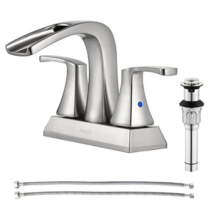 Waterfall Bathroom Sink Faucet 2 Handle Centerset, Brushed Nickel | 4 Inch Lead-Free Deck Mount Vanity Faucet with Pop Up Drain Supply Lines, for 3 Hole Lavatory Utility Sink - color: Brushed Nickel