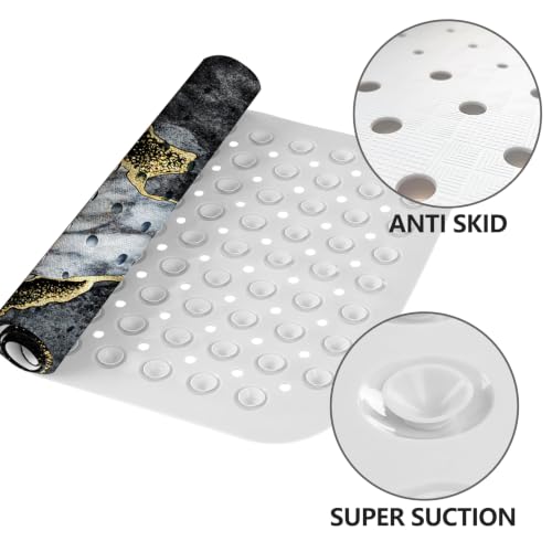 LNOND Marble Bath Tub Mat Non Slip, Extra Long 40 X 16 Inch Anti Slip Mat for Bathtub, Black Grey Luxury Marble Shower Mat with Drain Holes and Suction Cups, Machine Washable - color: Blue Luxury Marble