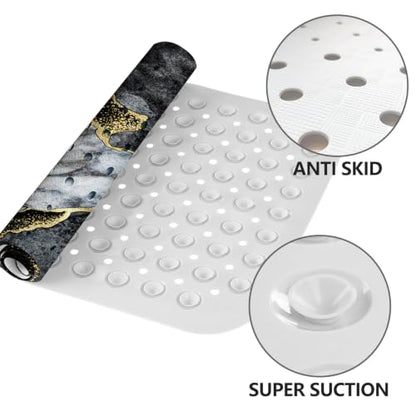 LNOND Marble Bath Tub Mat Non Slip, Extra Long 40 X 16 Inch Anti Slip Mat for Bathtub, Black Grey Luxury Marble Shower Mat with Drain Holes and Suction Cups, Machine Washable - color: Blue Luxury Marble