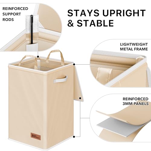 Simple Houseware Foldable Laundry Hamper Basket with Lid and Bag, Beige | Heavy Duty 600D Polyester, Water-Resistant Surface - color: Beige