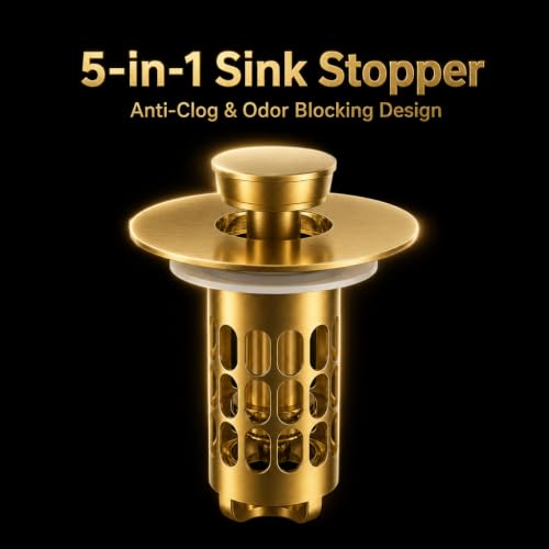 Snailhouse Bathroom Sink Stopper, Stainless Steel Pop Up Anti Clog Bathroom Sink Drain Strainer Plug with Brass Core and Removable Hair Catcher, Gold