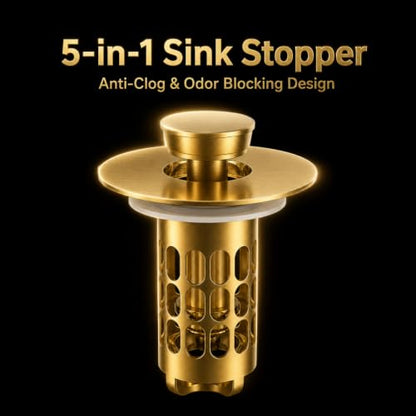 Snailhouse Bathroom Sink Stopper, Stainless Steel Pop Up Anti Clog Bathroom Sink Drain Strainer Plug with Brass Core and Removable Hair Catcher, Gold