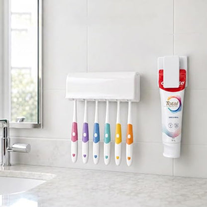 Linkidea 6 Slots Toothbrush Holder with Dustproof Cover & Toothpaste Clip, Plastic Self-Adhesive Brush Hanger for Shower, Compatible with Oral-B/Colgate Manual Toothbrush