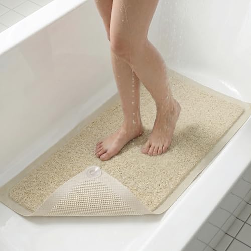 Upgraded Anti Slip Shower Mat for Inside Shower,Non Slip Bathtub Mat with Suction Cups,Shower Floor Mat,Scrubber Mats,Easy to Clean,Quick Dry,Easy Drainage,Loofah Bath Mat for Tub,Beige,24''x24'' - color: Beige, size: 24" x 24" (Square)