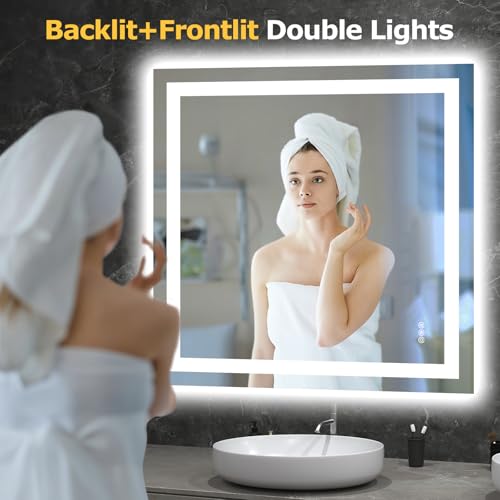 Hivone 36"X36" LED Bathroom Mirror with Lights, Anti-Fog, Dimmable, Backlit + Front Lit, Smart Bathroom Vanity Mirror, Memory Function, Shatterproof, Tempered Glass (Horizontal/Vertical) - size: 36"L x 36"W