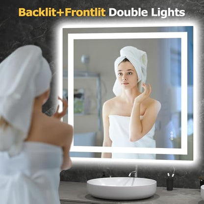 Hivone 36"X36" LED Bathroom Mirror with Lights, Anti-Fog, Dimmable, Backlit + Front Lit, Smart Bathroom Vanity Mirror, Memory Function, Shatterproof, Tempered Glass (Horizontal/Vertical) - size: 36"L x 36"W