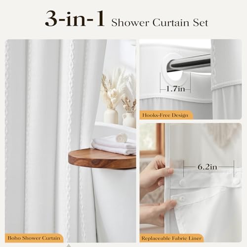 72x87 Ringless Boho Stripe Tassel Shower Curtain with Snap Liner White | Extra Long Size, Heavy Duty Linen Blend, 3 in 1 Shower Curtain Set, Farmhouse Style, Waterproof & Washable, Mesh Top Window - color: White, size: 72"W x 87"L (Pack of 1)