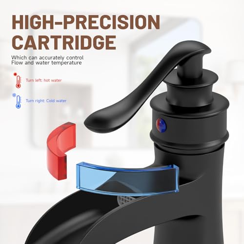 Waterfall Bathroom Sink Faucet Black Bathroom Faucet 1 Hole | Single Handle,with Pop Up Drain Stopper Vanity Water Supply Hose,Lead-Free Solid Brass,Farmhouse Faucet Deck Mount - color: Black