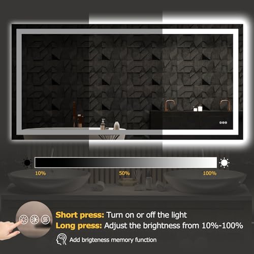 Hivone 72"X36" LED Bathroom Mirror with Lights, Anti-Fog, Dimmable, Backlit + Front Lit, Smart Bathroom Vanity Mirror, Memory Function, Shatterproof, Tempered Glass (Horizontal/Vertical) - size: 72"L x 36"W