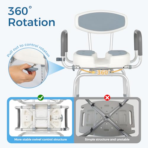FAHKNS Senior Bathing Chair Swivel Shower Chair with Arms and Back, 400 lbs Heavy Duty U-Shape Seat for Inside Tub, Height Adjustable Safety Bath Seat for Elderly and Disabled - color: Grey