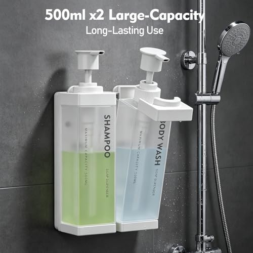 Wall Mounted Lockable Shampoo and Conditioner Dispenser | 17oz Large Pump Head No Drill Refillable ABS Plastic Bottle For Bathroom Shower Commercial Use White 2 Pack - color: White, size: 2
