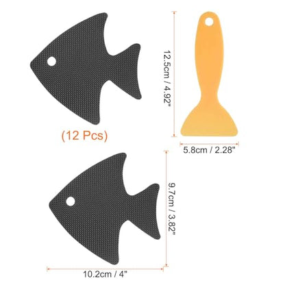 HARFINGTON 12pcs Non-Slip Bathtub Stickers Set 4.02" Fish Shower Floor Sticker PEVA Anti-Slip Adhesive Appliques with Scraper for Bathroom Kitchen Treads Stairs Swimming Pool, Black - color: Black