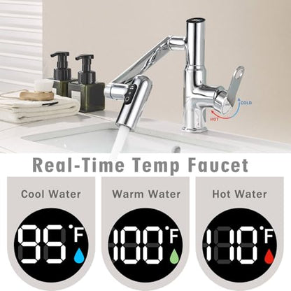 Rotatable Bathroom Sink Faucet with Temperature Display in Fahrenheit, Single Hole Chrome and 3 Outlet Modes Faucet, Battery-Free - color: Chrome-F