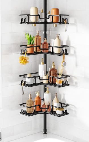 HAMITOR Shower Caddy Tension Pole: 4-Tier Adjustable Corner Organizer Black | Heavy Duty Rustproof L-Shaped Shelves- No Drilling Space-Saving Storage Rack for Family & Renters- 47.72-123.6 inch - color: Black
