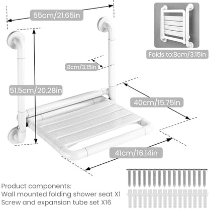 16-Inch Wall Mounted Shower Seats with Armrests, Space-Saving Foldable Shower Bench for Small Bathrooms, Safety Wall-Mounted Foldable Shower Chair with Reflective Strips, Holds up to 330 lbs