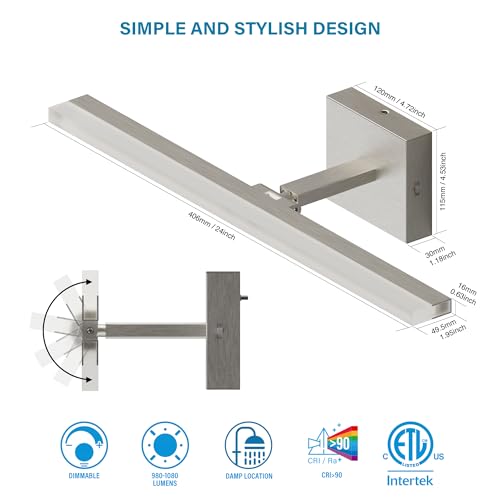 ZAGO 24 Inch Bathroom Vanity Light Fixtures Over Mirror - LED Modern Rotational Wall Mounted Adjustable Hardwired Picture Lighting Bar with 5CCT Switchable, ETL & Damp Rated, Black, 2-Pack - style: Adjustable-Black