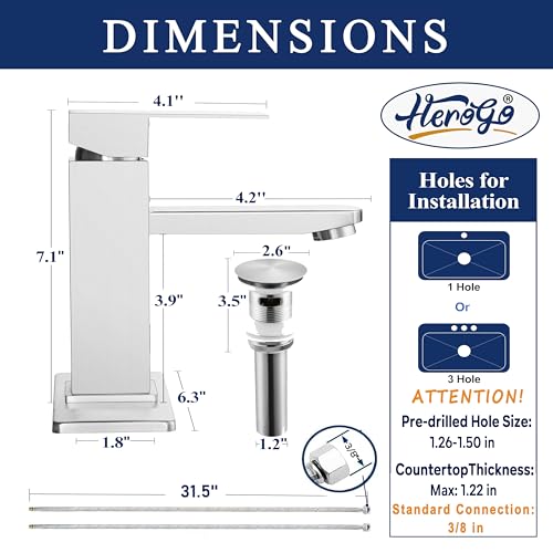 Herogo Touchless Bathroom Faucets Brushed Nickel Stainless Steel Automatic Motion Sensor Bathroom Faucet RV Bar Sink Faucet for 1-3 Hole Single-Handle with Pop Up Drain Stopper Water Supply Hoses - color: Brushed Nickel