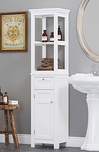 Spirich Bathroom Freestanding Storage Cabinet with Two Tier Open Shelves, Tall Slim Cabinet with Door and Drawer, Floor Linen Tower (White) - color: White