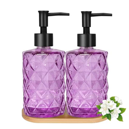 12oz Purple Glass Hand and Dish Soap Dispenser Set, Diamond Design, 2 Set | Bathroom Soap Dispenser with Plastic Pumps, Bamboo Tray for Hand Wash & Dish Wash, for Bathroom Kitchen Countertop - color: Purple