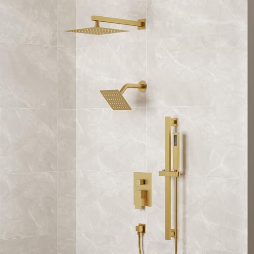 10" High-Pressure Rainfall Shower Faucet with Handheld Spray, Wall Mount Dual Shower Head System with Slide Bar (Brushed Gold) - color: Gold, style: Wall Mount-with Slide Bar