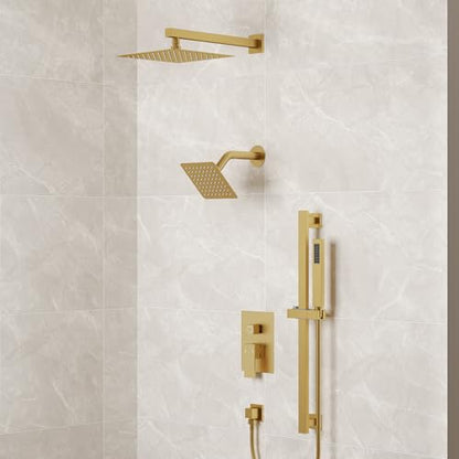 10" High-Pressure Rainfall Shower Faucet with Handheld Spray, Wall Mount Dual Shower Head System with Slide Bar (Brushed Gold) - color: Gold, style: Wall Mount-with Slide Bar