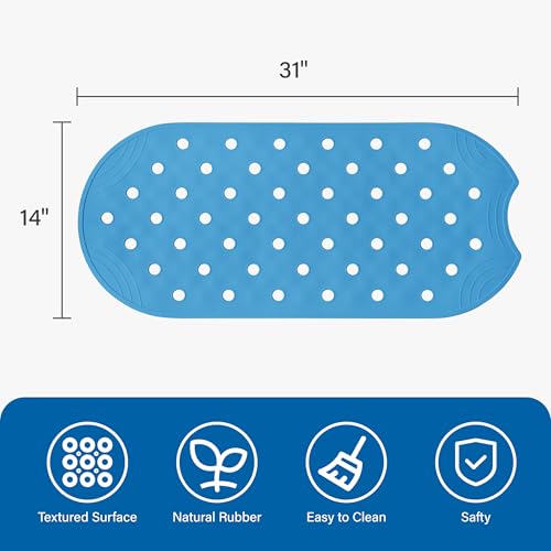 Rubber Bathtub Mat Shower Mat Non-Slip, 31x14 Inch, Bath Tub Floor Mat with Suction Cups and Drainage Holes, Blue - color: Blue, size: 31" x 14" (Oval)