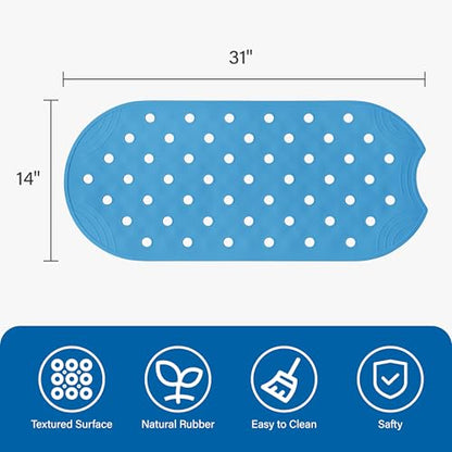 Rubber Bathtub Mat Shower Mat Non-Slip, 31x14 Inch, Bath Tub Floor Mat with Suction Cups and Drainage Holes, Blue - color: Blue, size: 31" x 14" (Oval)