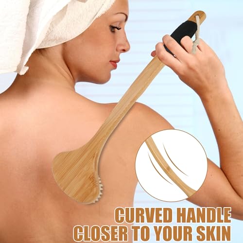 OWIIZI Back Scrub Brush for Shower,Stiff Boar Bristles Bamboo Curved Long Handle Antiskid Body Bath Brush for Back Use Wet or Dry,Deep Cleanse Large Surface Back Scrubber | 17.5" Bamboo Curved Long Handle Bath Brushes,Large Surface Deep Cleanse Back Scrub