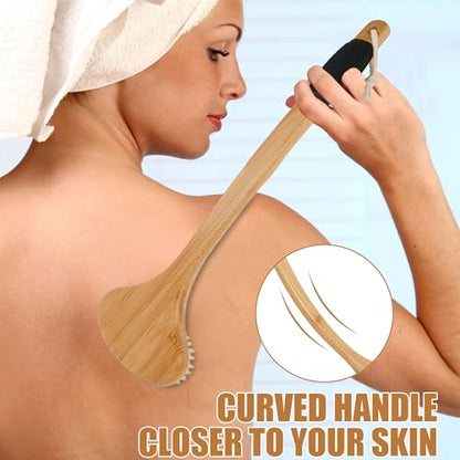 OWIIZI Back Scrub Brush for Shower,Stiff Boar Bristles Bamboo Curved Long Handle Antiskid Body Bath Brush for Back Use Wet or Dry,Deep Cleanse Large Surface Back Scrubber | 17.5" Bamboo Curved Long Handle Bath Brushes,Large Surface Deep Cleanse Back Scrub