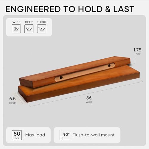 Oak Floating Shelves 36 inches Long, High End Solid Real Wood 36 inch Floating Shelf for Room Wall, Honey Oak Wooden 36inch Kitchen Shelves, Heavy Duty Bracket, 36 X 6.5 X 1.75 in, Set of 2 - color: Honey Oak - Warm Amber Tone, size: 36 inch