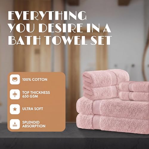 White Classic Pink Bath Towel Set of 6-100% Cotton Highly Absorbent Towels for Bathroom, 2 Luxury Bath Towels 650GSM, 2 Hand Towels, 2 Washcloths - color: Pink