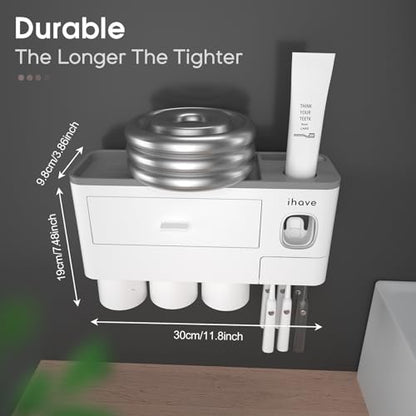 iHave Toothbrush Holders Wall Mounted with Toothpaste Dispenser & 3 Cups | All-in-One Bathroom Organizer: 3 Cups, 6 Slots, Toothpaste Dispenser, Large Tray & Drawer. Wall Mount, No Drilling Required - color: White, size: 3 cup