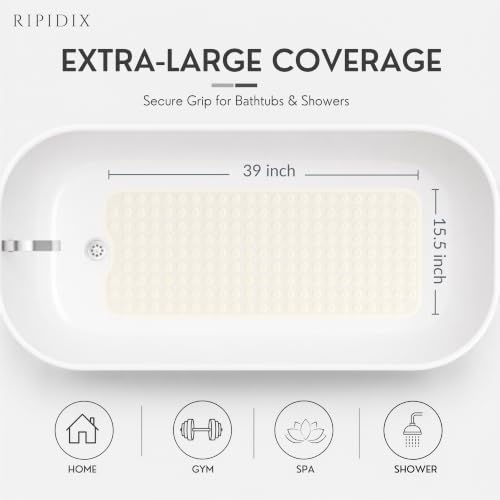 Bathtub Mat Non-Slip – 39" x 15.5" Extra Long Shower Mat with Suction Cups, BPA Free & Machine Washable, Textured Bath Mat for Tub, Ideal for Kids, Seniors & Pregnant Women, Cream - color: Cream