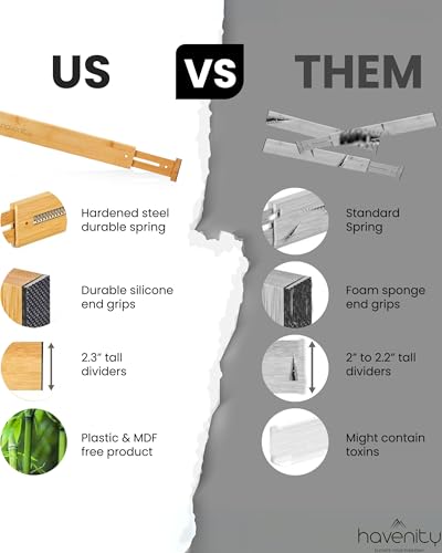 4 Pcs Bamboo Kitchen Drawer Dividers Large 14"-19", Spring Loaded, Works in Kitchen, Adjustable Drawer Organizers, Dresser, Bathroom, Bedroom, Drawer Desk, Office