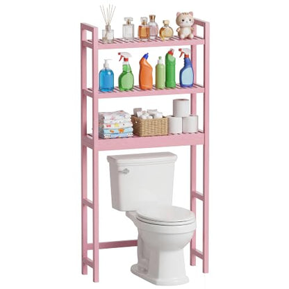 SMIBUY Bathroom Storage Shelf, Bamboo Over-The-Toilet Organizer Rack, Freestanding Toilet Space Saver with 3-Tier Adjustable Shelves (Pink) - color: Pink