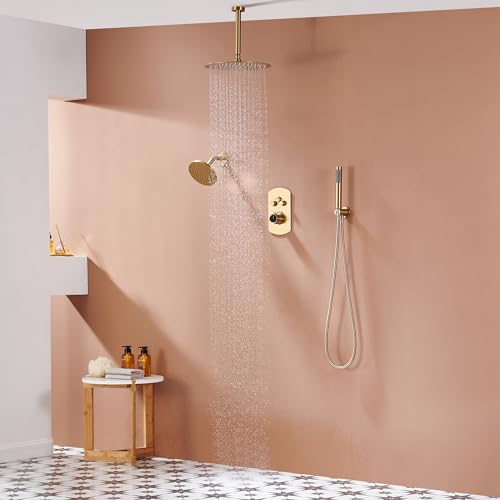 MONDAWE 12 Inch Ceiling Mounted Brushed Gold Shower System, 3-Functions Shower Faucet Set with Rainfall Dual Shower Head and High Pressure Handheld Spray, All Function Can be Used At the Same Time - color: Brushed Gold