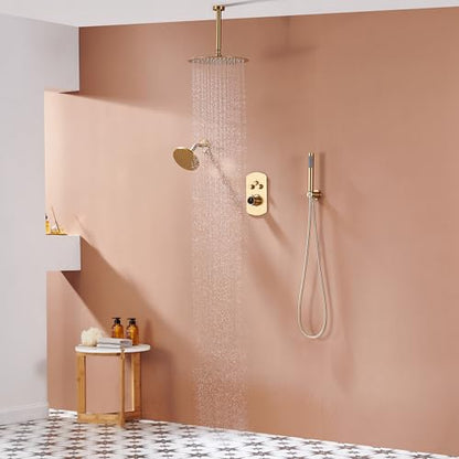 MONDAWE 12 Inch Ceiling Mounted Brushed Gold Shower System, 3-Functions Shower Faucet Set with Rainfall Dual Shower Head and High Pressure Handheld Spray, All Function Can be Used At the Same Time - color: Brushed Gold