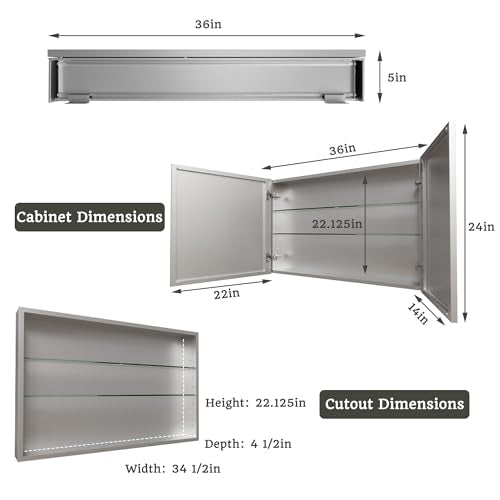 36 x 24 in Medicine Cabinet with Mirror and Side Panels, Silver | Surface or Recessed Medicine Cabinet Mirror with Storage, Adjustable Shelves, Aluminum Alloy Frame, Assembly Required - size: 36''x24''