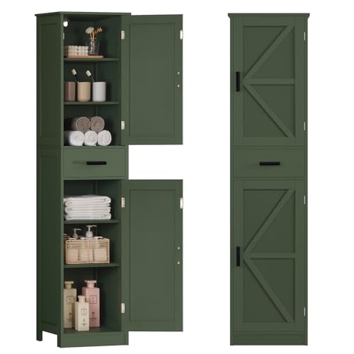 TEENFON Tall Bathroom Cabinet, Storage Cabinet with 6 Shelves & Drawer, Bathroom Storage Cabinet with Adjustable Shelves, Tall Cabinet for Living Room, Home Office, Green
