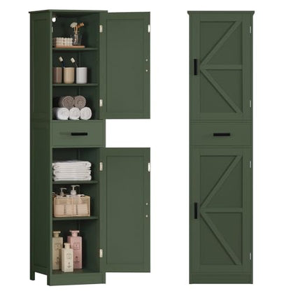 TEENFON Tall Bathroom Cabinet, Storage Cabinet with 6 Shelves & Drawer, Bathroom Storage Cabinet with Adjustable Shelves, Tall Cabinet for Living Room, Home Office, Green