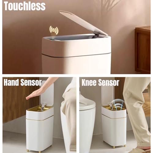 2-Pack Automatic Bathroom Trash Can with Lid, Slim Motion Sensor Garbage Can, Waterproof Touchless Trash Bin, Smart Trashcan for Bedroom, Living Room, Narrow Space, 2.3 Gallon, White+Gold Trim - color: White+Gold Trim