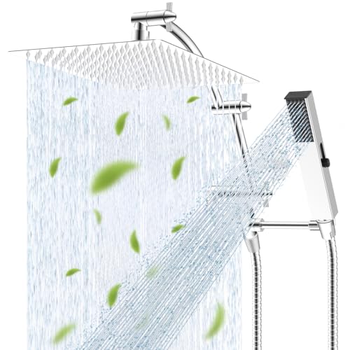 Hibbent All Metal CUPC Certified 12'' Rainfall Shower Head, Dual Shower Head Combo with 4 Handheld Sprays, High Pressure Shower Wand, 16'' Adjustable Extension Arm, 71'' Hose, Shower Holder, Chrome - color: Chrome, style: Square 12''