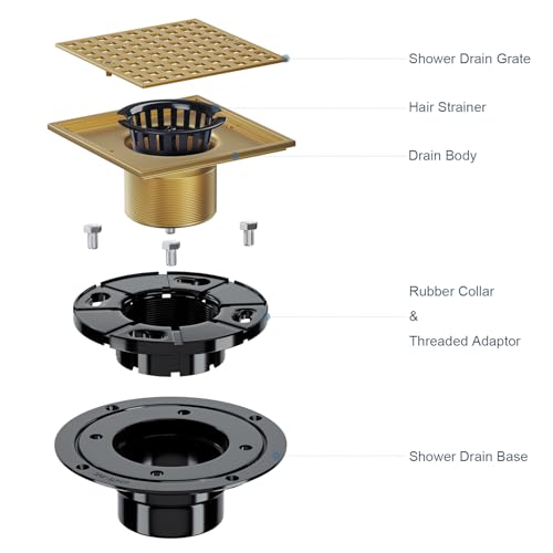 4 Inch Square Shower Floor Drain with Flange and Hair Strainer | Champagne Bronze Shower Drain with Hair Catcher, SUS304 Stainless Steel, Anti-Clog, Removable Grid Drain Cover, For Bathroom - color: Champagne Bronze