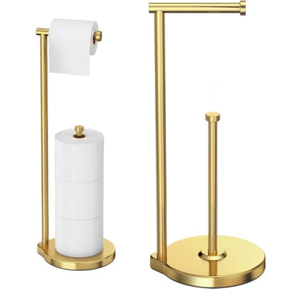 theaoo Heavy-Duty Toilet Paper Holder Stand, Bathroom Storage, Gold | Freestanding Toilet Tissue Paper Roll Holder with Reserve Storage. Stainless Steel Stand For Bathroom, Holds Extra Rolls - color: Brushed Gold