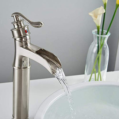Bathroom Vessel Sink Faucet Waterfall Faucet for Sink 1 Hole | Pop Up Drain None Overflow and Supply Lines Included,Deck Mount,Tall Bowl Sink,Ceramic Cartridge,Solid Brass,Brushed Nickel - color: Brushed Nickel