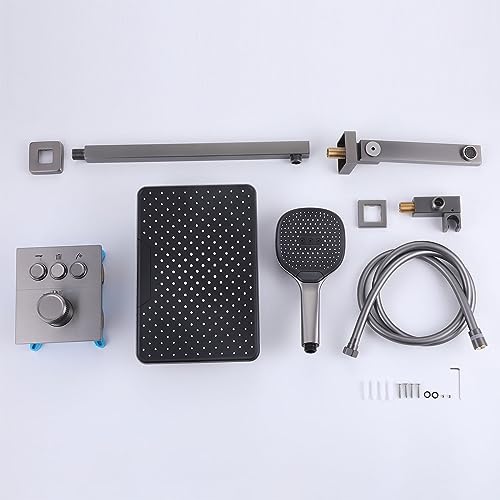 Thermostatic Shower Set, 30x20cm Square Shower System Concealed, Wall-mounted Shower Faucet Set, 3 Mode Hand Shower, with 180° Foldable Bathtub Mixer, Brass Body, Anti-rust, Durable (Gun Gray)