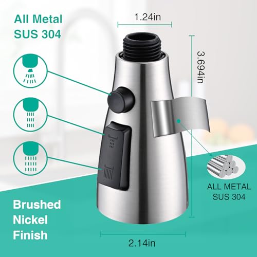 Metal Kitchen Faucet Head Replacement, 3-Function Pull Down Spray Head for Kitchen Faucet, High Pressure Sink Spray Nozzle with 9 Adapters Compatible with American Standard, Brushed Nickel - color: Brushed Nickel